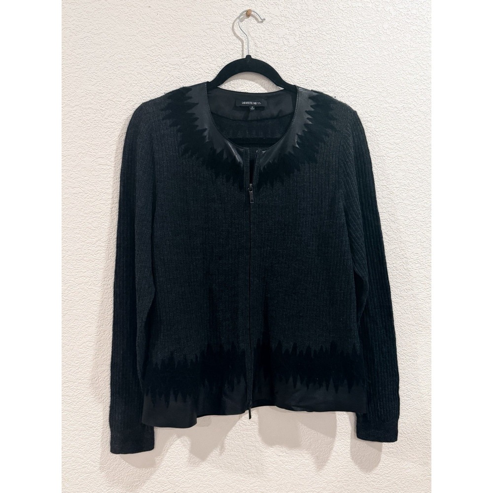 Lafayette 148 NY Medium jacket Black 100% Wool Zipper Leather Accents